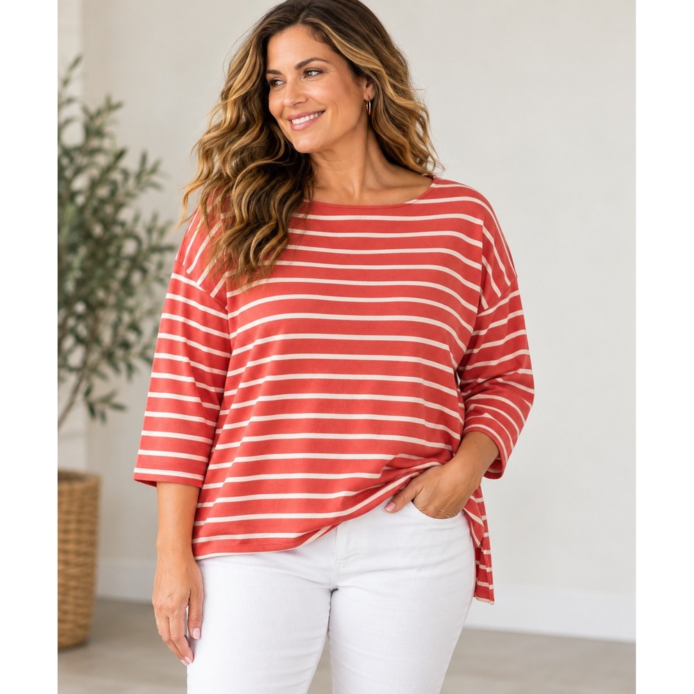 LL Bean Womens XL Red White Striped Boat Neck 3/4 Sleeve Relaxed Cotton Top